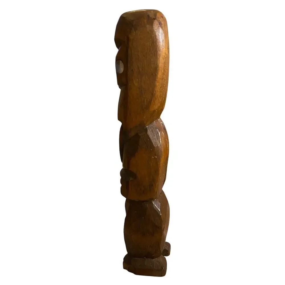 Vintage Maori Wood Carved Tiki Figure New Zealand Abalone Shell Eyes 8